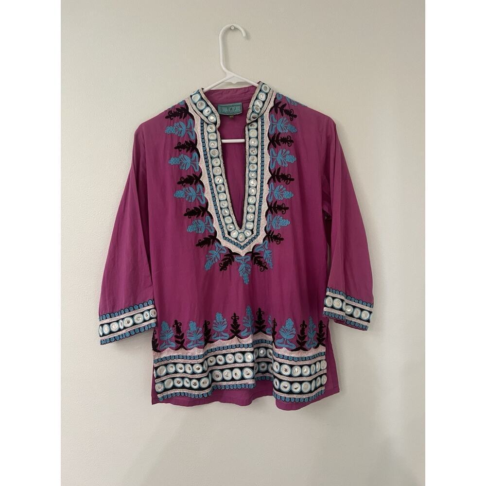 Sabrina Crippa Taj 100% Cotton Pink Mirror Embroidered Tunic Top Blouse M India